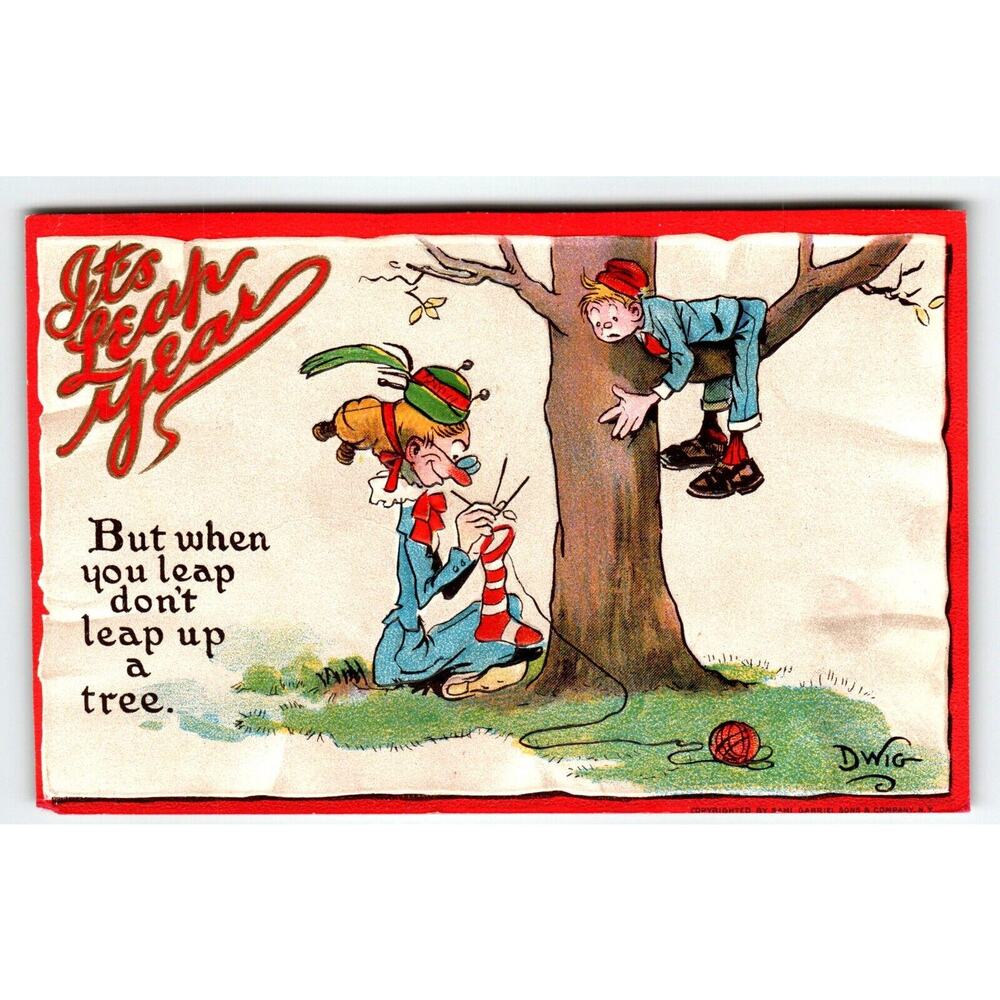 It's Leap New Year Postcard Dwig Knitting Women Embossed 1910's Gabriel 401